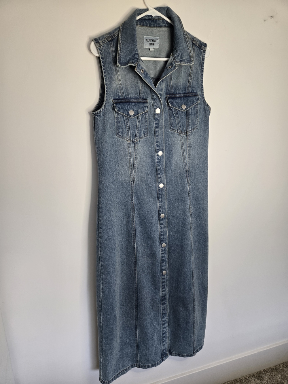 Velvet Heart Blue Cotton Denim Snap-Front Maxi Dress Normcore Quiet Luxury S